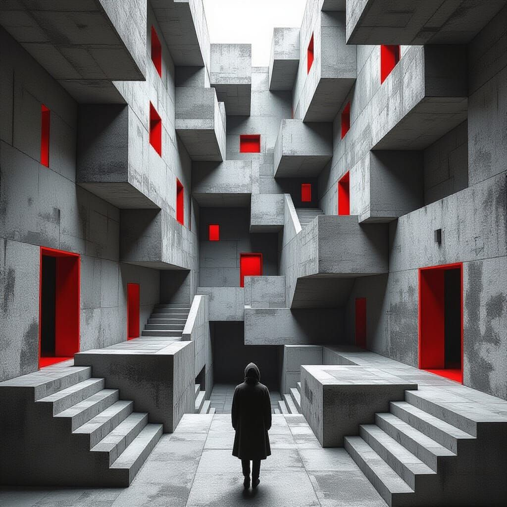 Brutalist Maze: An Escher-Inspired Black and White Illustrat...