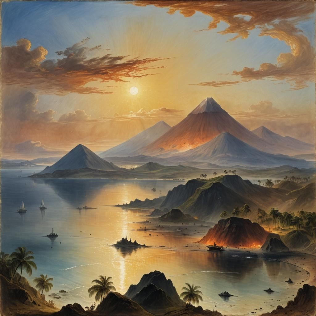 Erupting Volcano on Tropical Island at Sunset