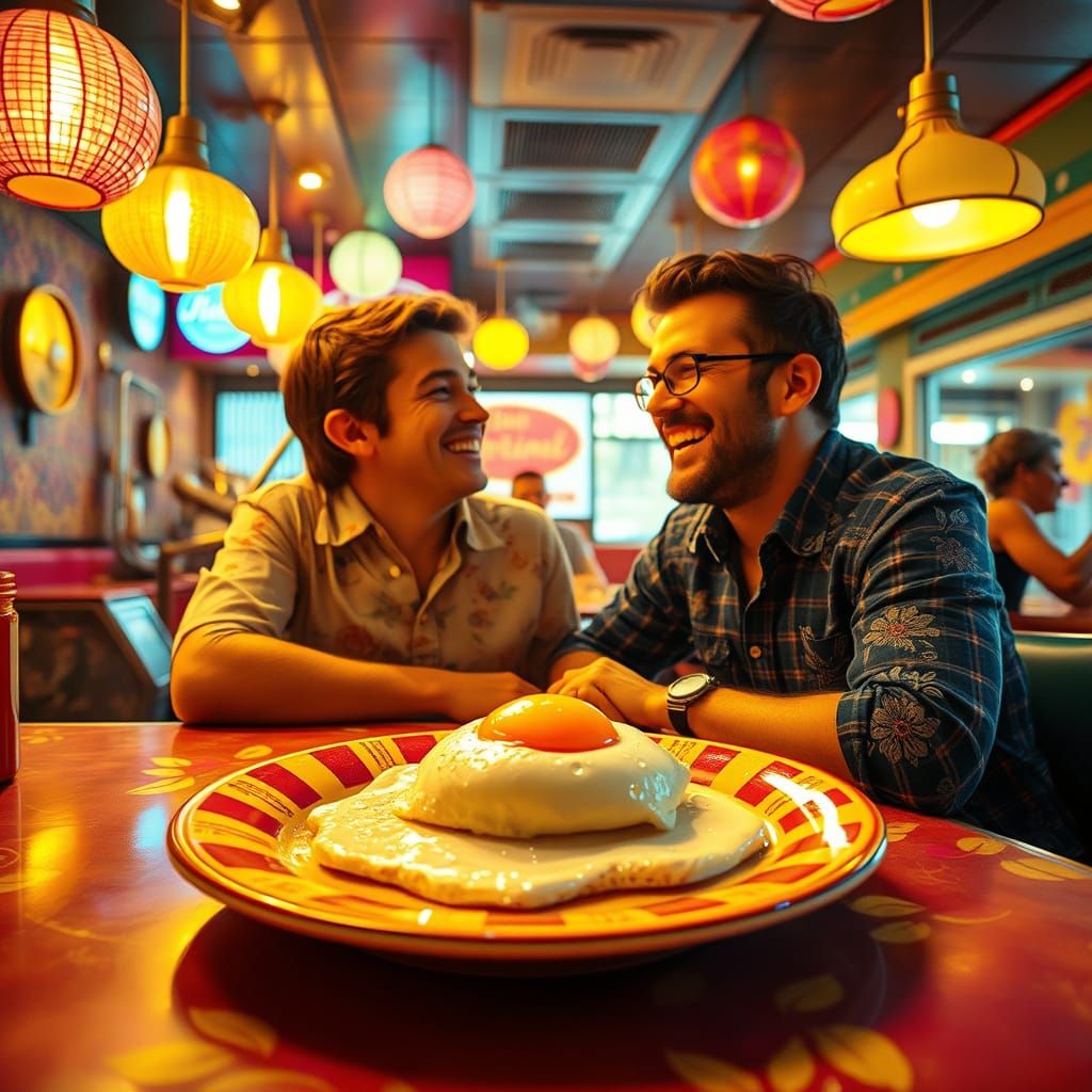 Retro Diner Scene in Vibrant 1970s Psychedelic Style