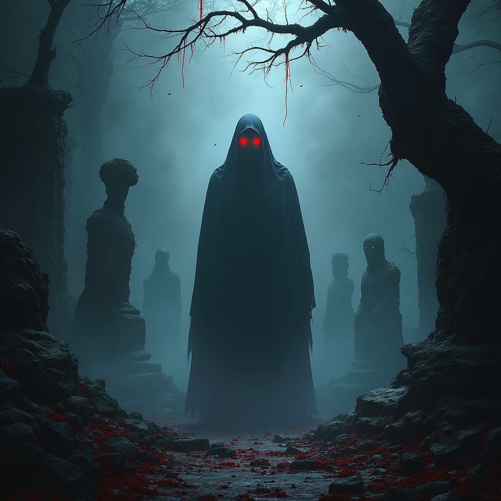 Gothic Horror Figure Emerges from Misty Ruins