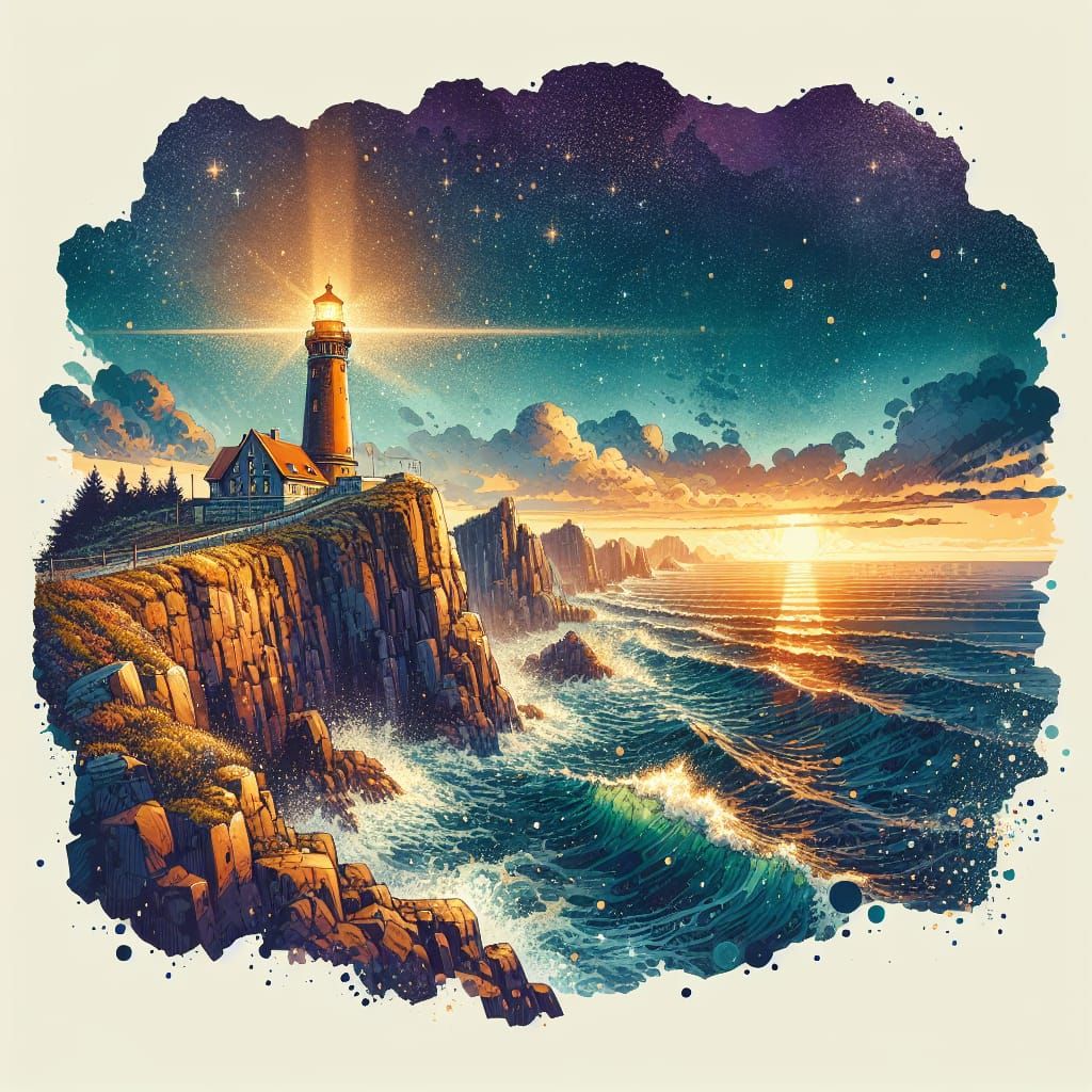 Warm Lighthouse Scene in Vibrant Watercolor Style