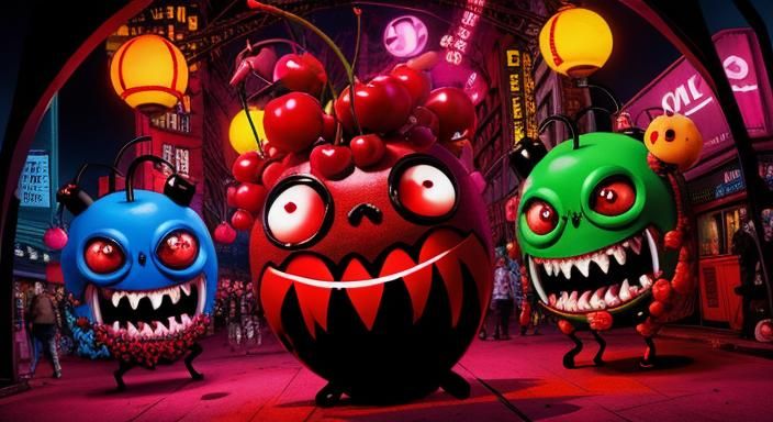 Cartoonishly Evil Cherry Fruit Monsters Caricature