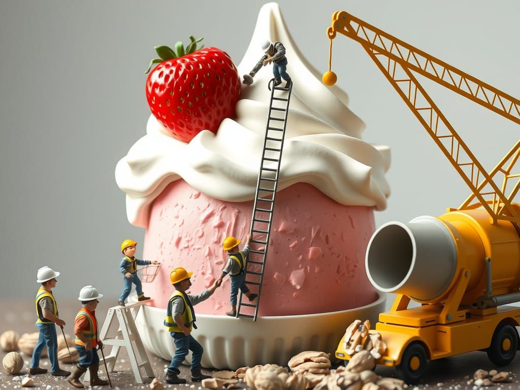 Miniature Workers Constructing Enormous Ice Cream