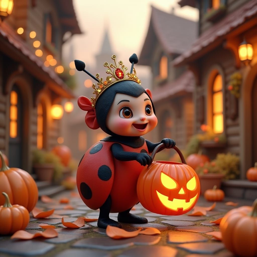 A 3D illustration of a cute ladybug wearing a shiny princess...