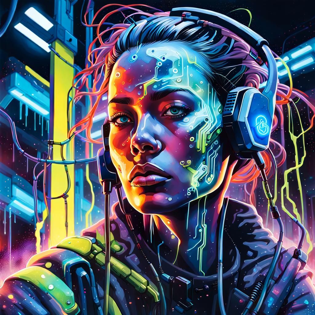 Android Recharging in Cyberpunk Graffiti Art