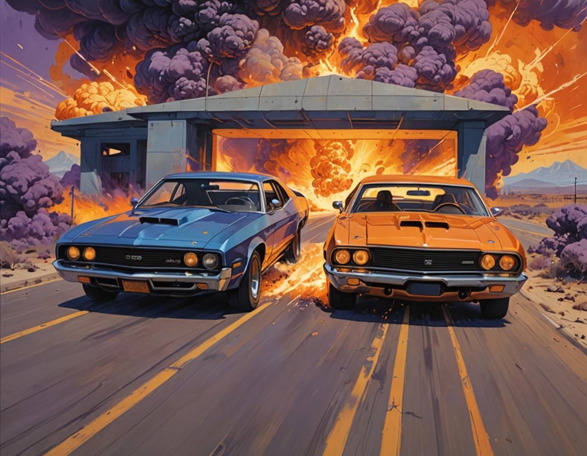 Cars Escape Atomic Blast: Sci-Fi Art