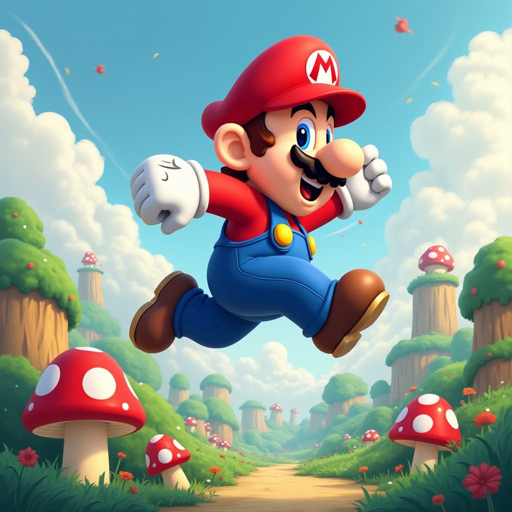 Mario Jumps in Mushroom Kingdom: Stylized Illustration
