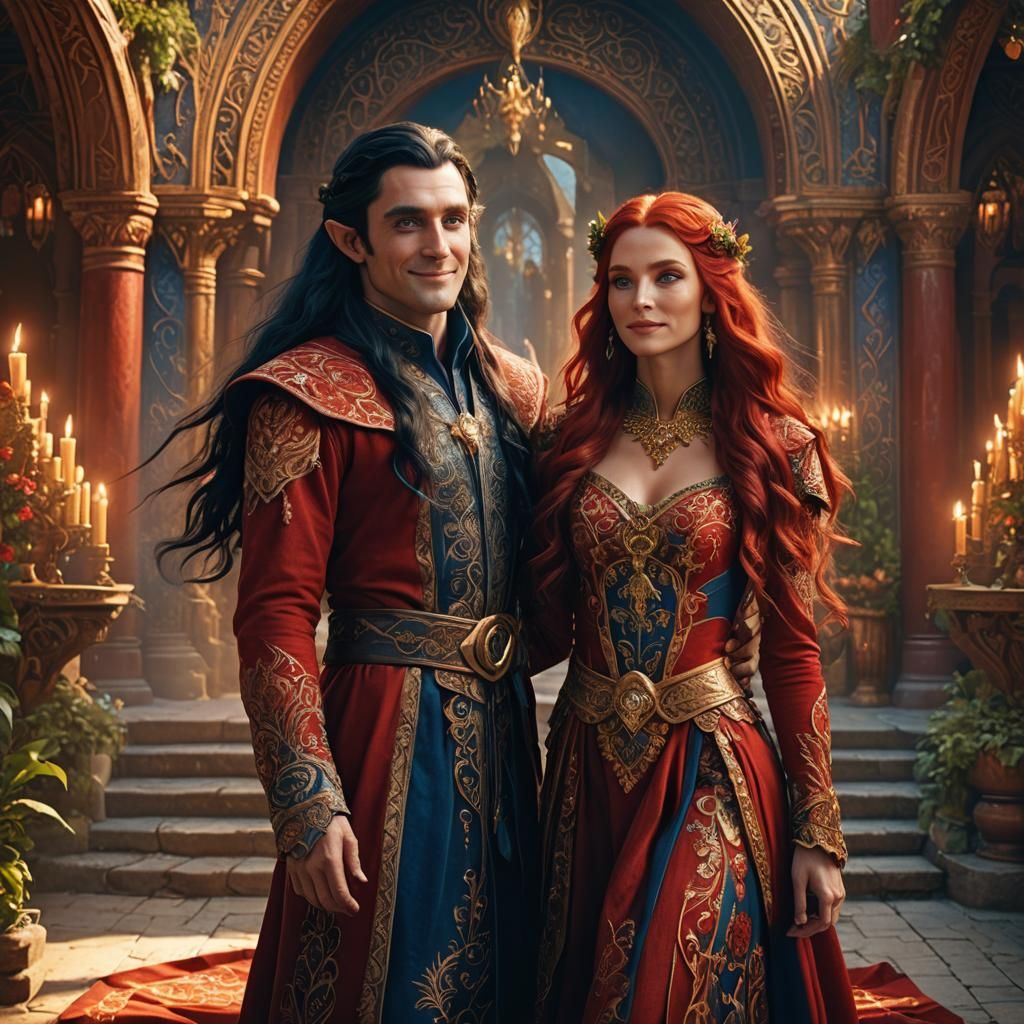 Inside a palace, stands a tall male elf with very long black...