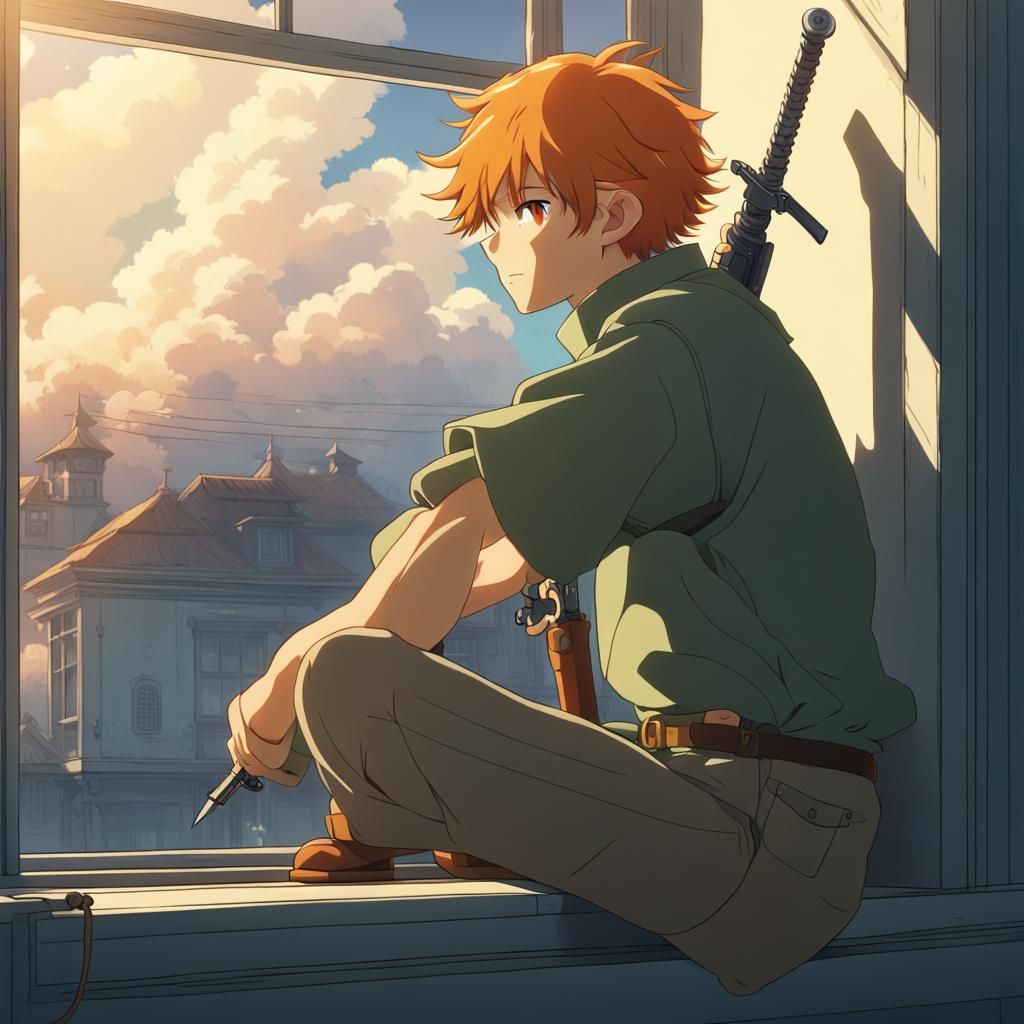 Orange-Haired Swordsman in Ghibli Anime Style