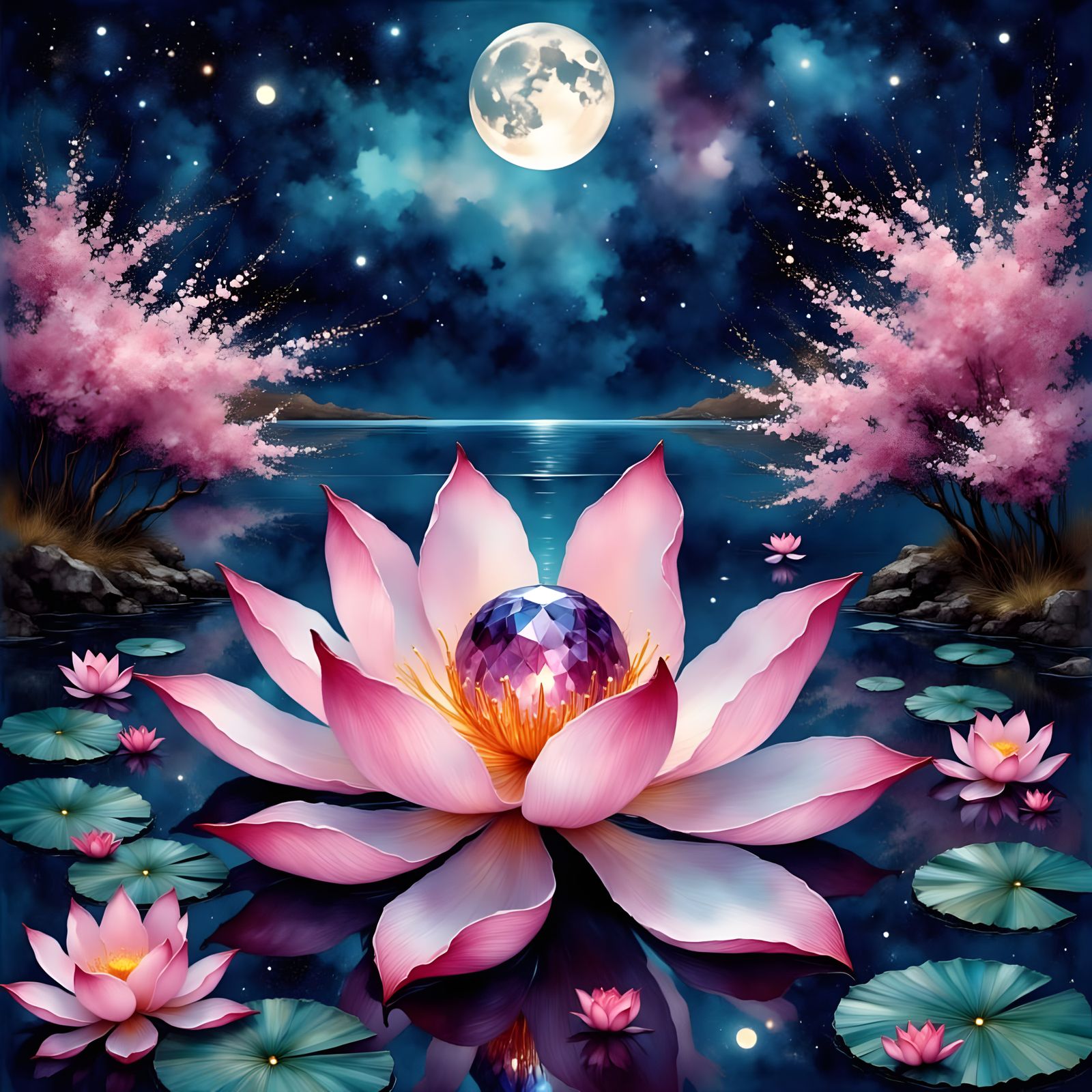 Luminous Lotus Pond Scene in Vibrant Colors