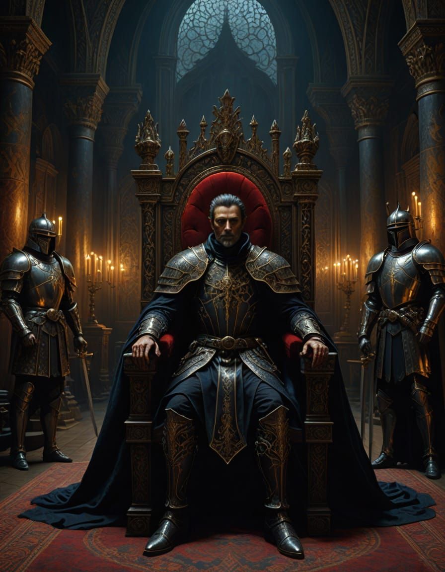 Majestic Dark Fantasy Scene in Ornate Throne Room