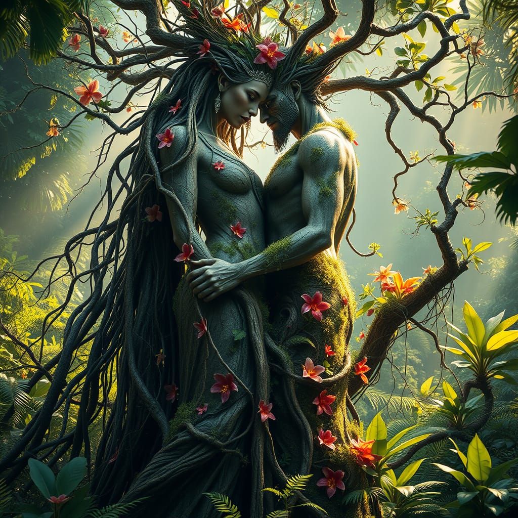 Tropical Earth Goddess and God in Loving Embrace