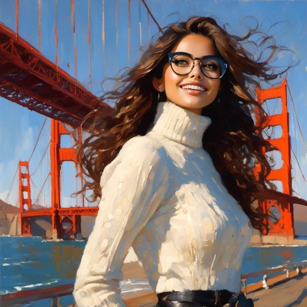 Woman at Golden Gate Bridge in Oil Painting Style