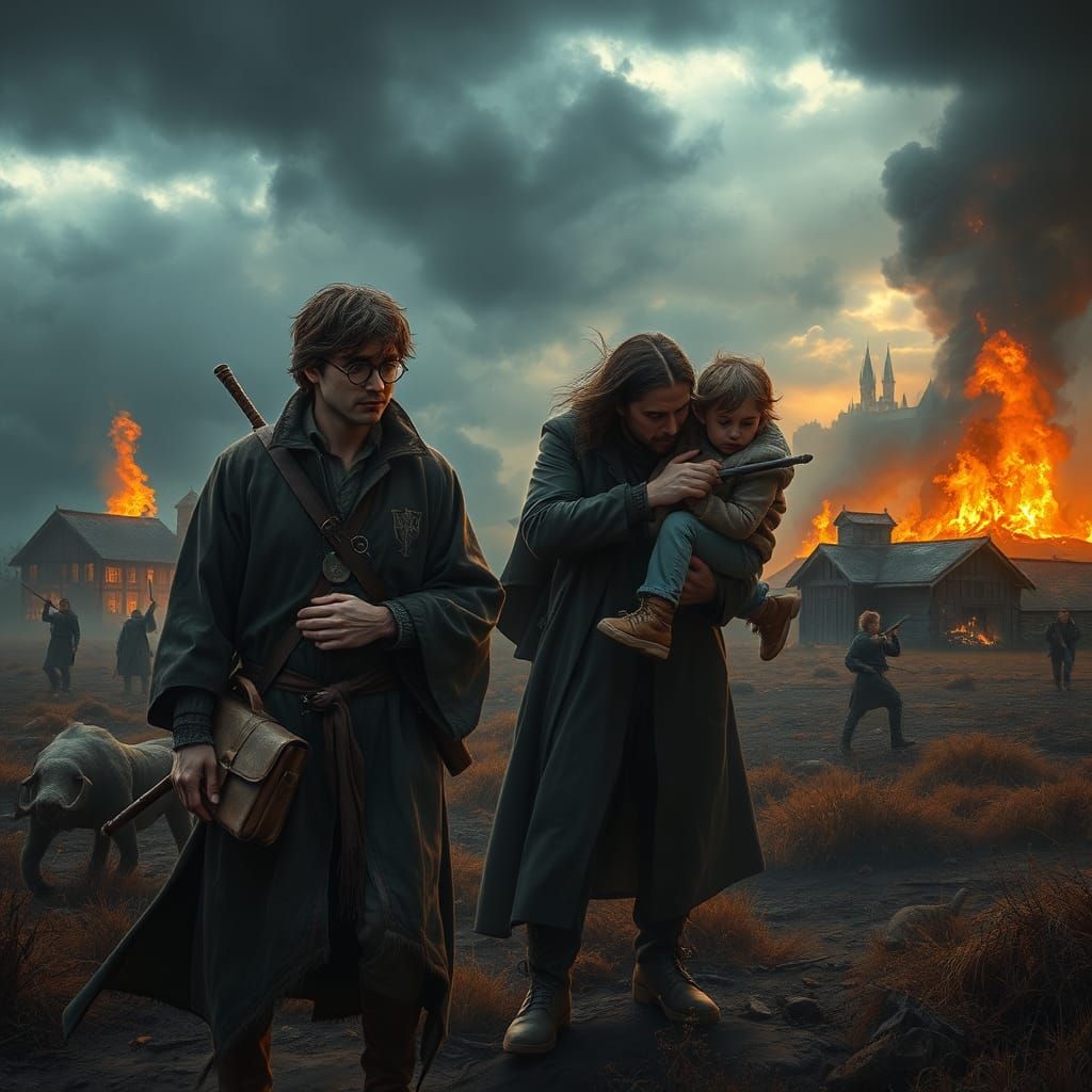 Battle-Worn Wizard Family in Dark Fantasy Landscape