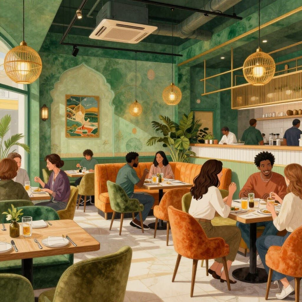 Vibrant Restaurant Interior with Oriental and Industrial Fus...