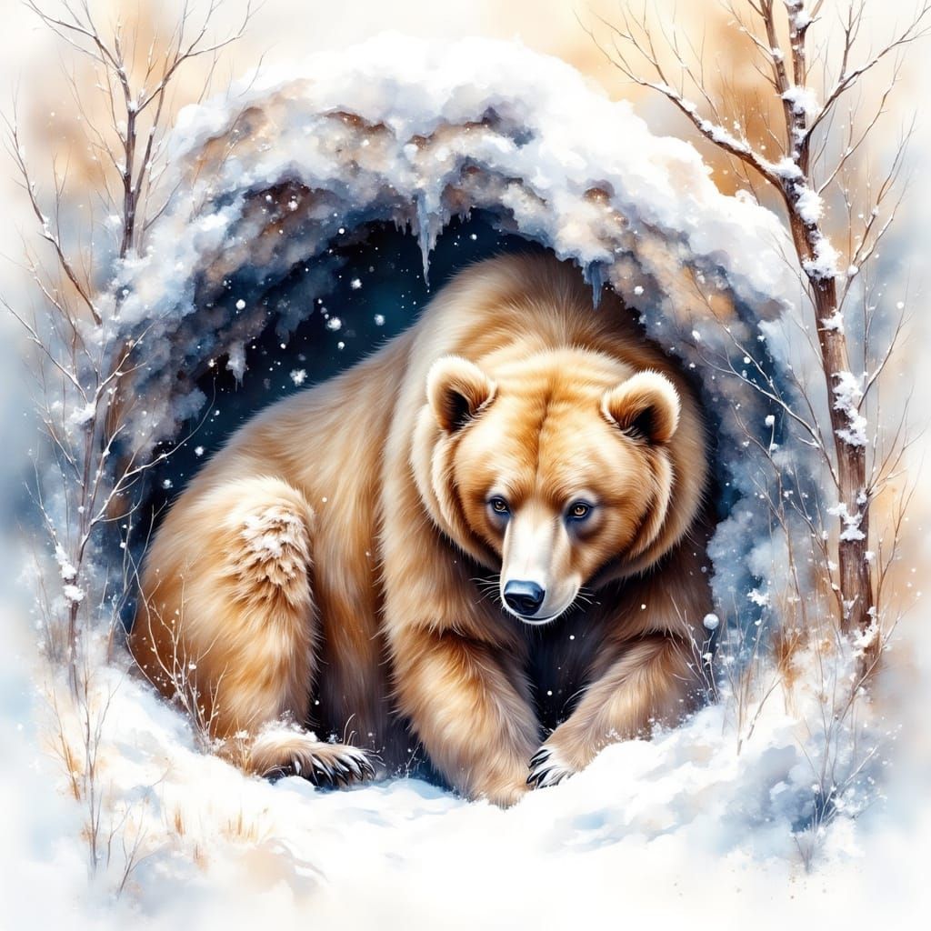 Bear Settles in Snowy Den, Watercolor Style