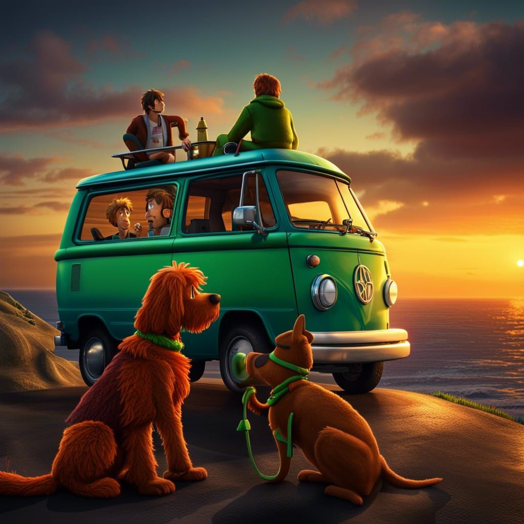 Shaggy and Scooby Enjoy Sunset on Mystery Machine