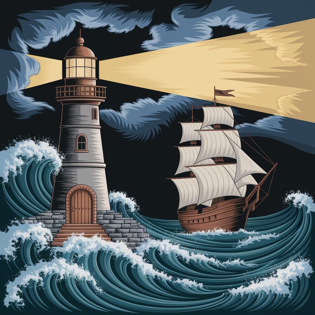 Lighthouse Guiding Ship Through Stormy Night Sea