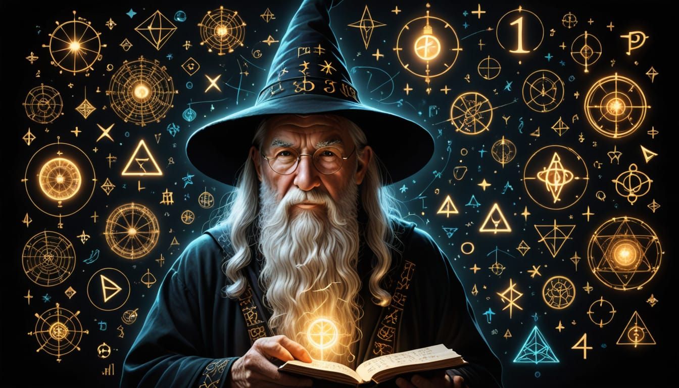 Elder Wizard Enveloped in Luminous Mathematical Symbols