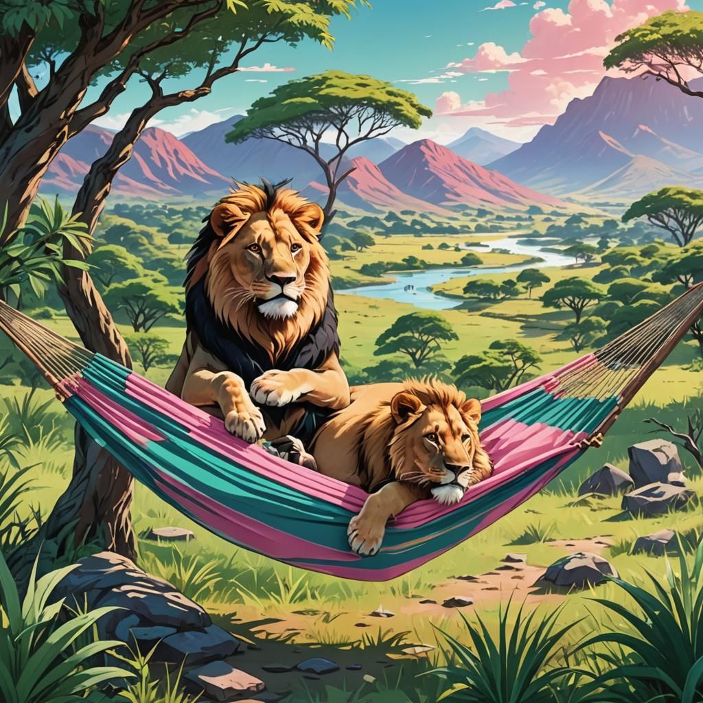 Lion in Hammock: Anime Style Savannah Scene