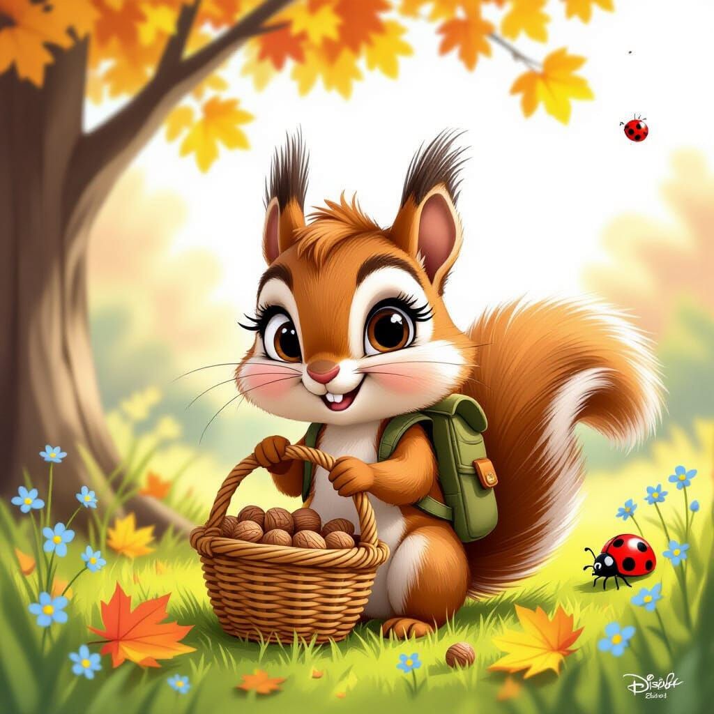 Cartoon Squirrel in Autumn Forest, Whimsical Pencil Art