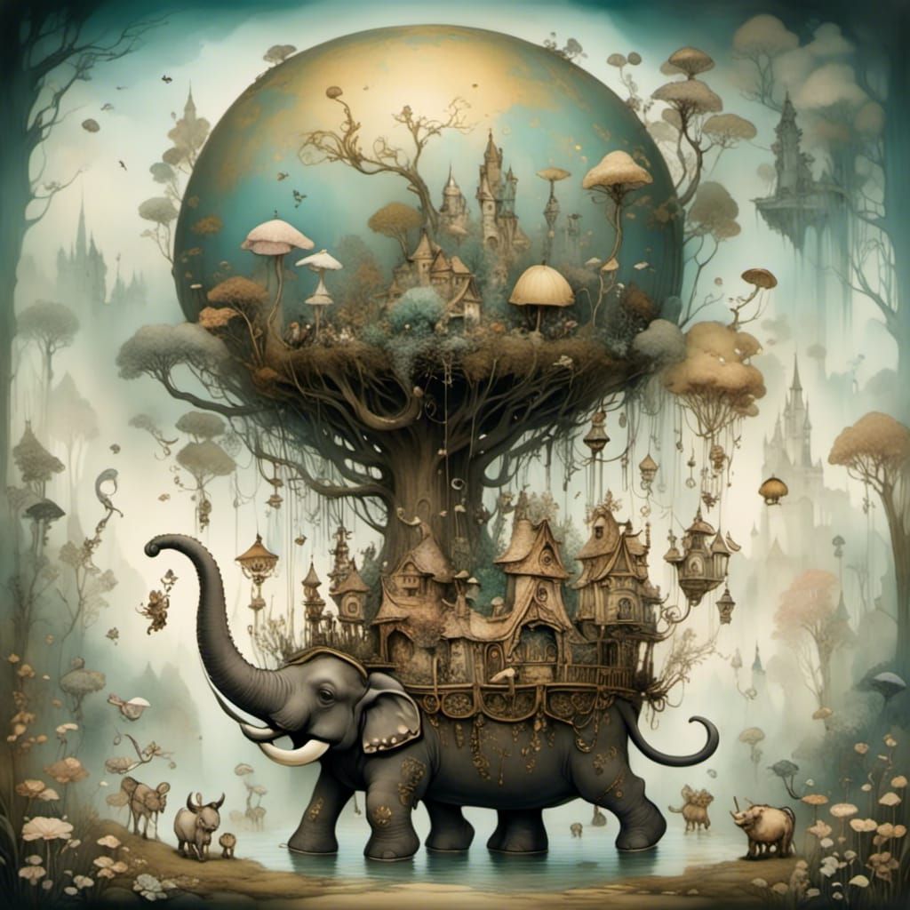 Elephant Tea in Dreamland Forest: A Whimsical Scene