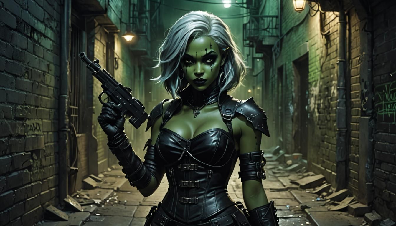 Drow Gunslinger in Sinister Alley: Dark Fantasy Illustration