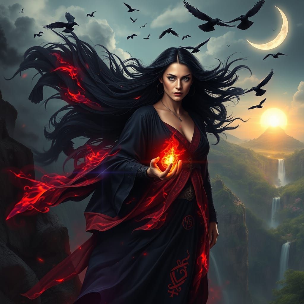 Divine Woman on Cliff in Dark Fantasy Art Style