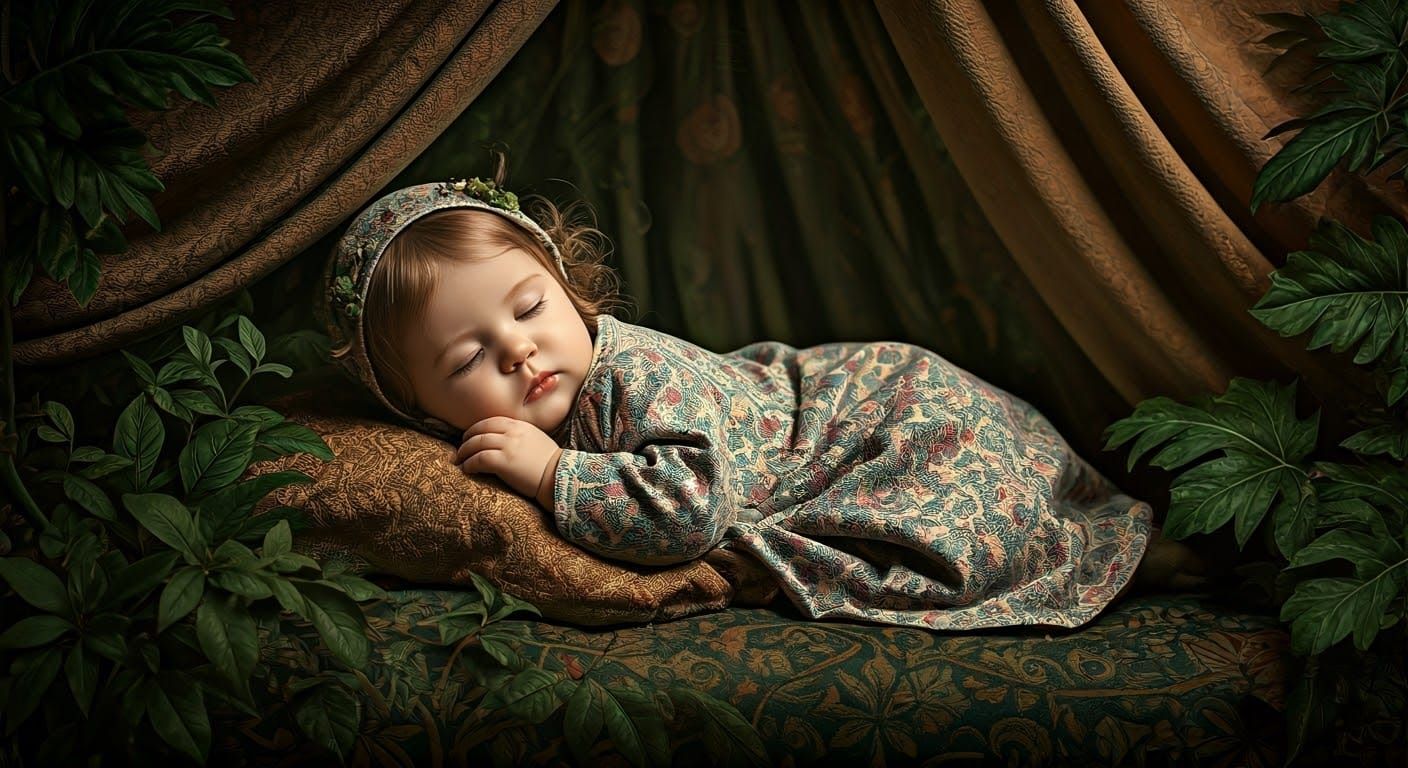 Dreamy Baby in Medieval Attire, William Morris Style