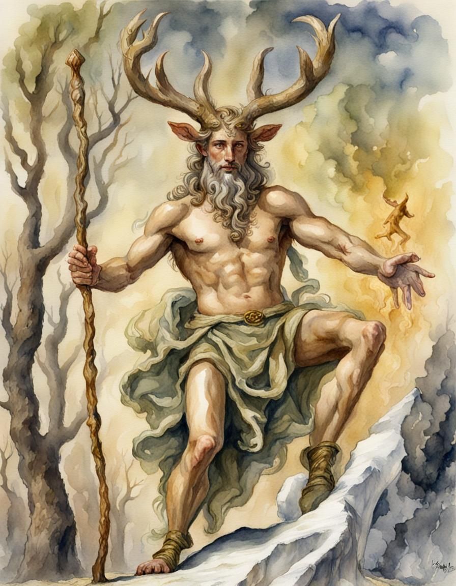 Cernunnos at Imbolc in Watercolor Style