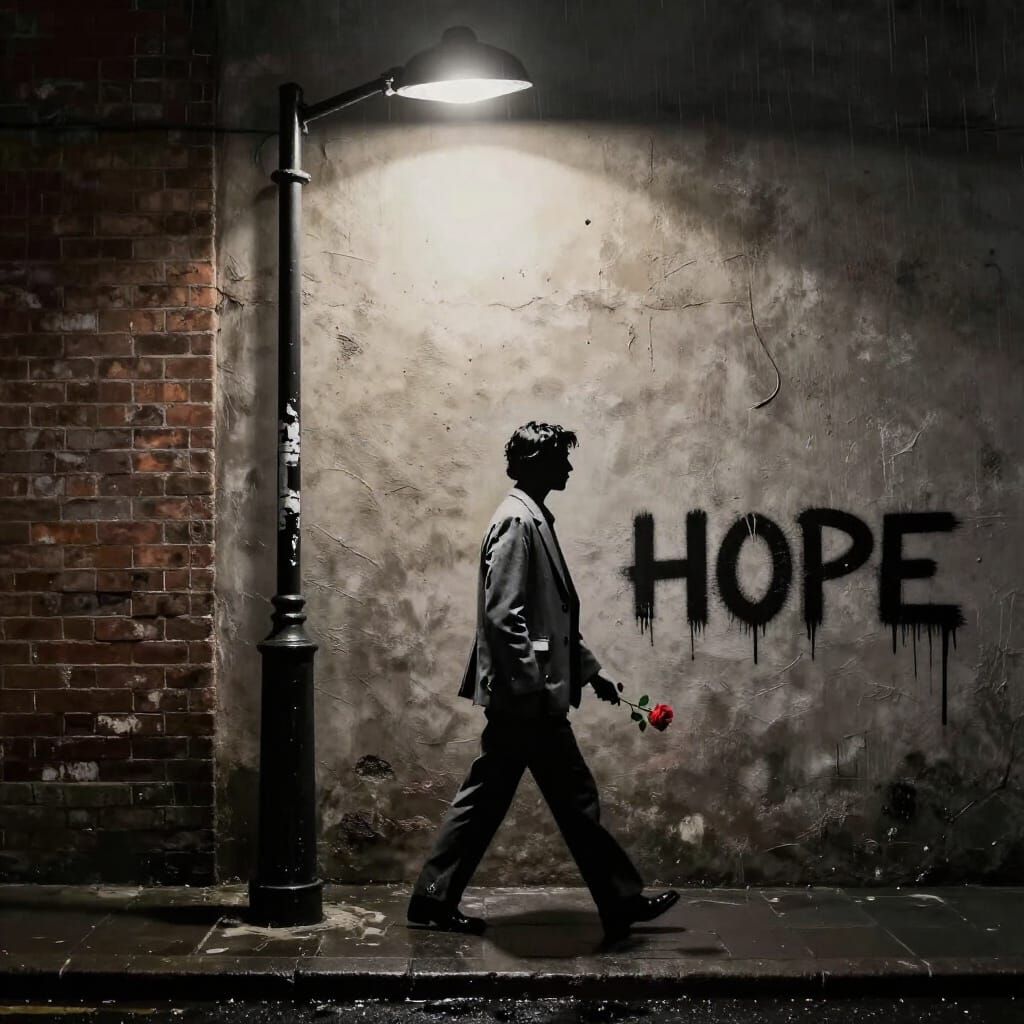 Stencil Art of Hope in a Dark Alleyway