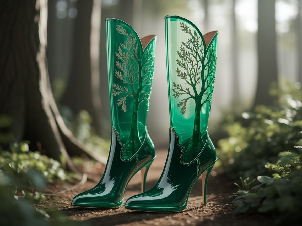 Emerald Green Boots with Foliage Design in Forest