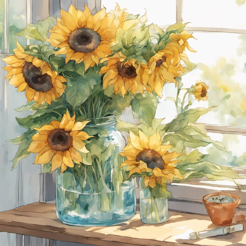 Watercolor Sunflowers in a Jar, Anime Inspired
