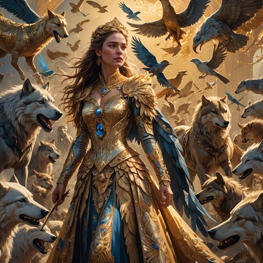 Fantasy Lady Amidst Animal War, Digital Art