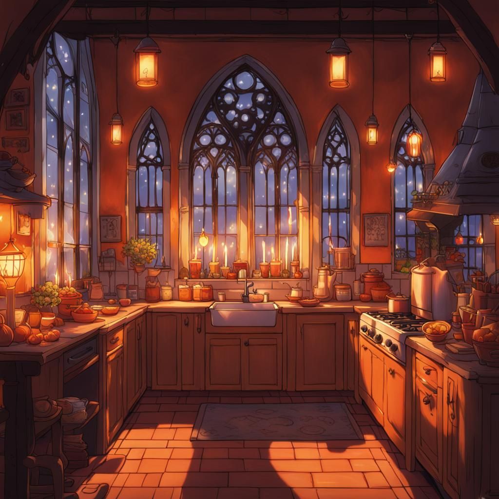 Cozy Orange Kitchen with Gothic Windows in Anime Style
