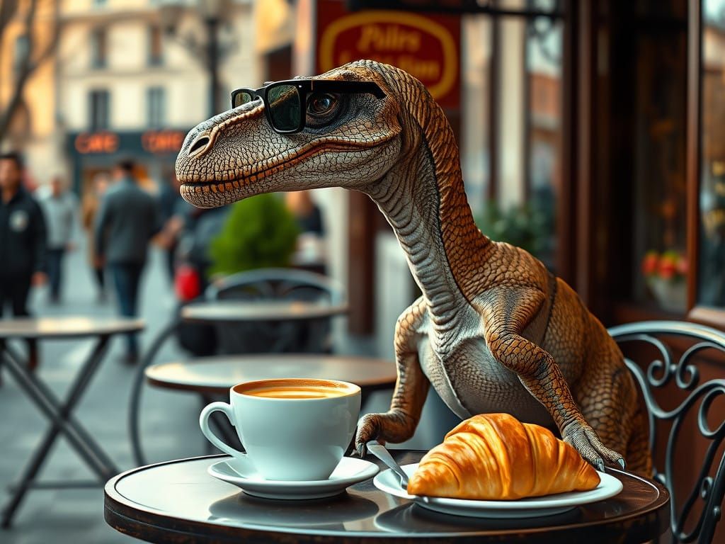 Slick Velociraptor in Parisian Café Scene