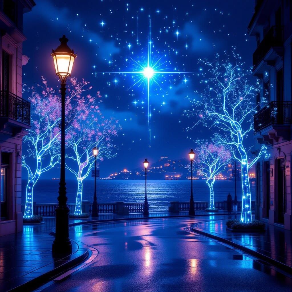 Cyberpunk Cityscape With Holographic Trees and Binary Stars