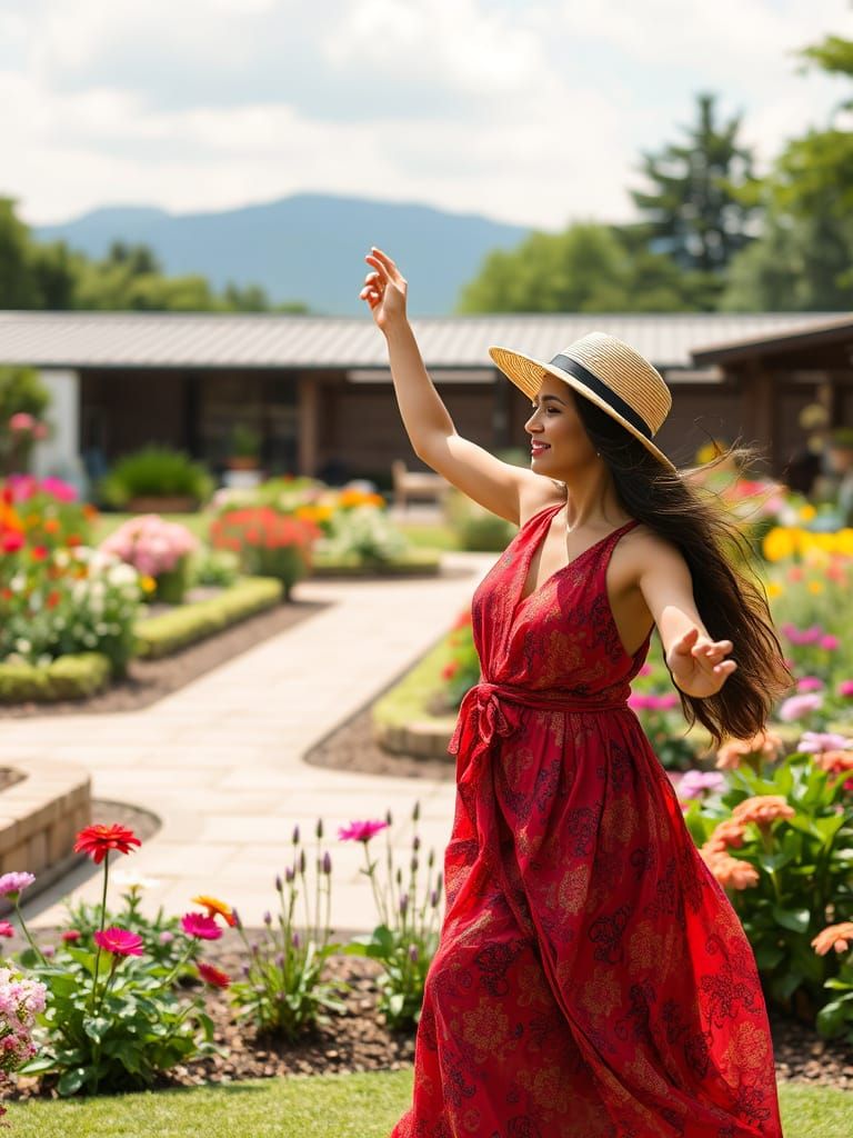 Woman Dancing Gracefully in a Vibrant Garden
