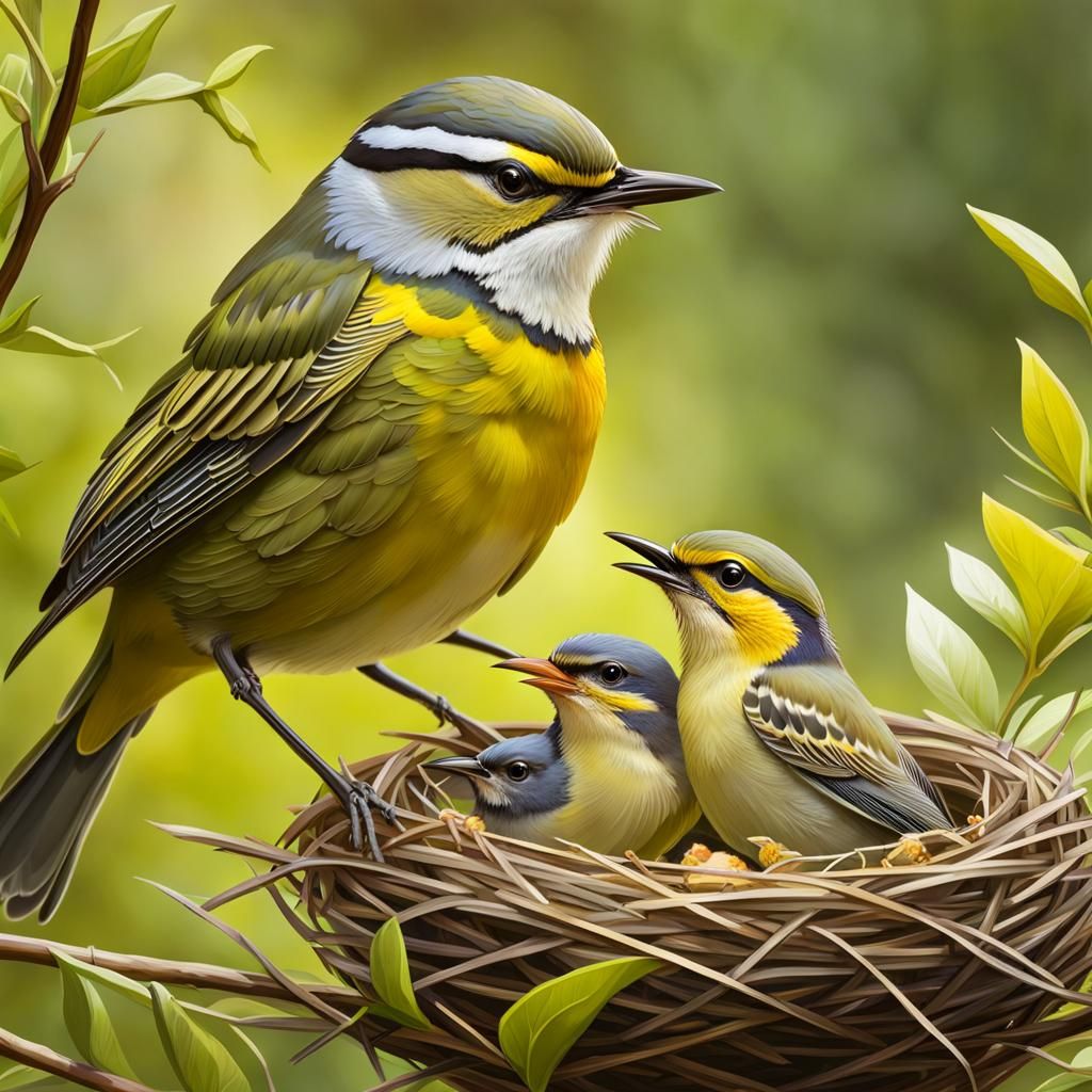 Prairie Warbler Feeding Baby Birds: Digital Art