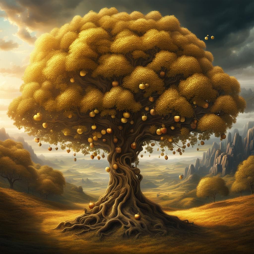 Golden Apple Tree in Digital Matte Painting Style