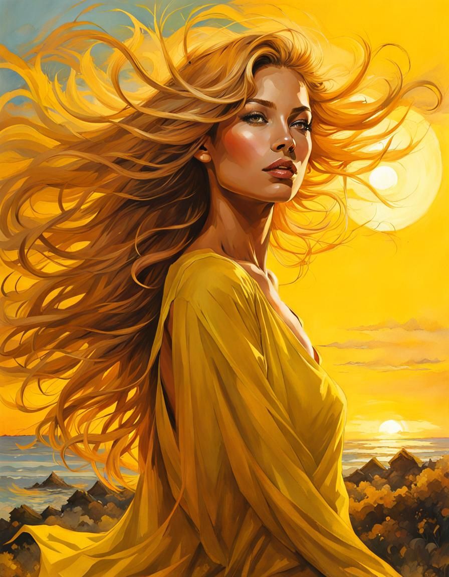 Yellow Portrait of Windblown Woman in Splash Art Style