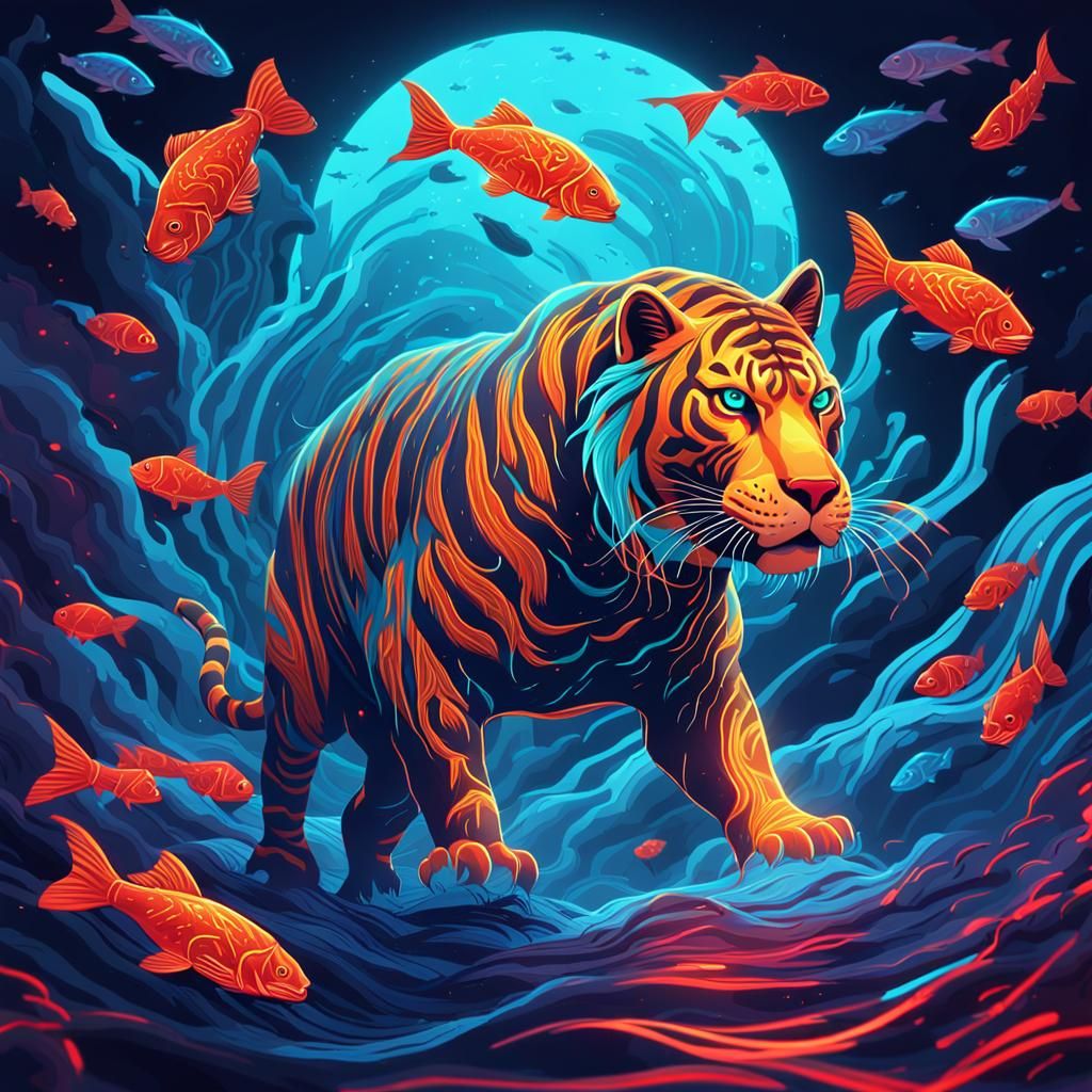 Golden Tiger in Neon Witchcore Illustration