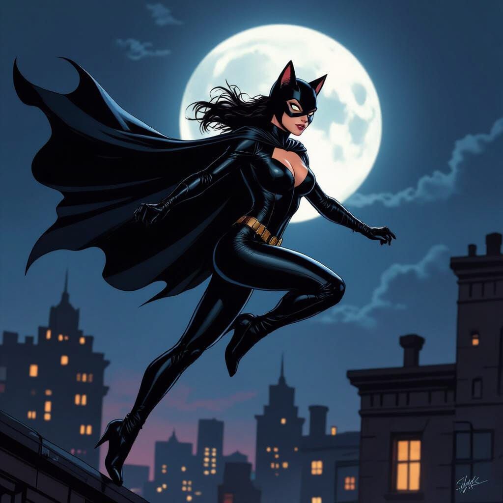 Superhero Cat Woman Leaps Across Rooftops, Comic Book Style