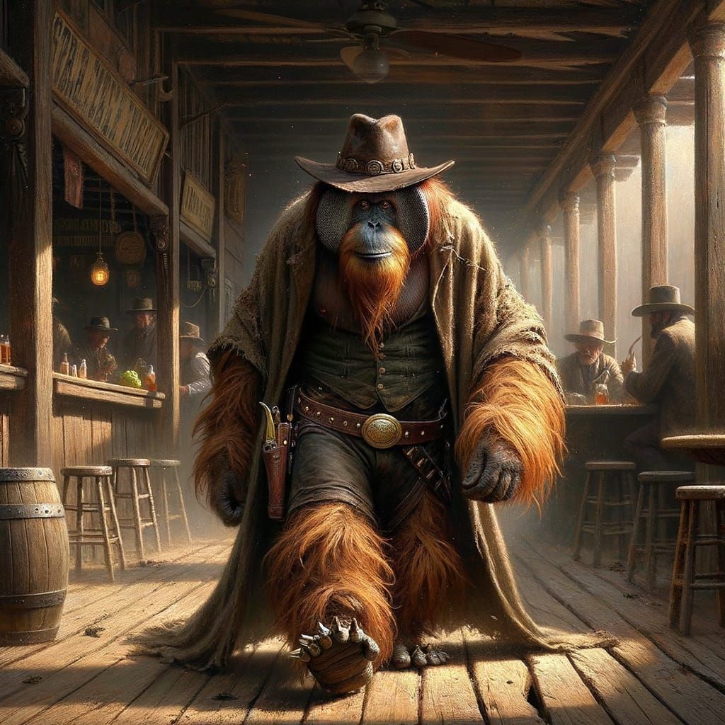 Orangutan Gunslinger Strides Toward Frontier Saloon