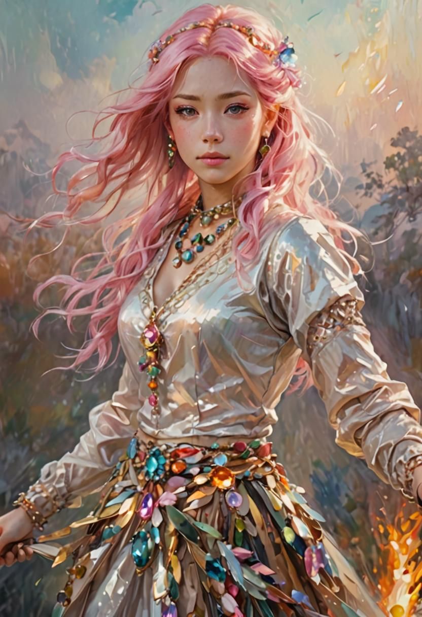 Anime-Style Woman with Pink Hair and Gemstone Necklace