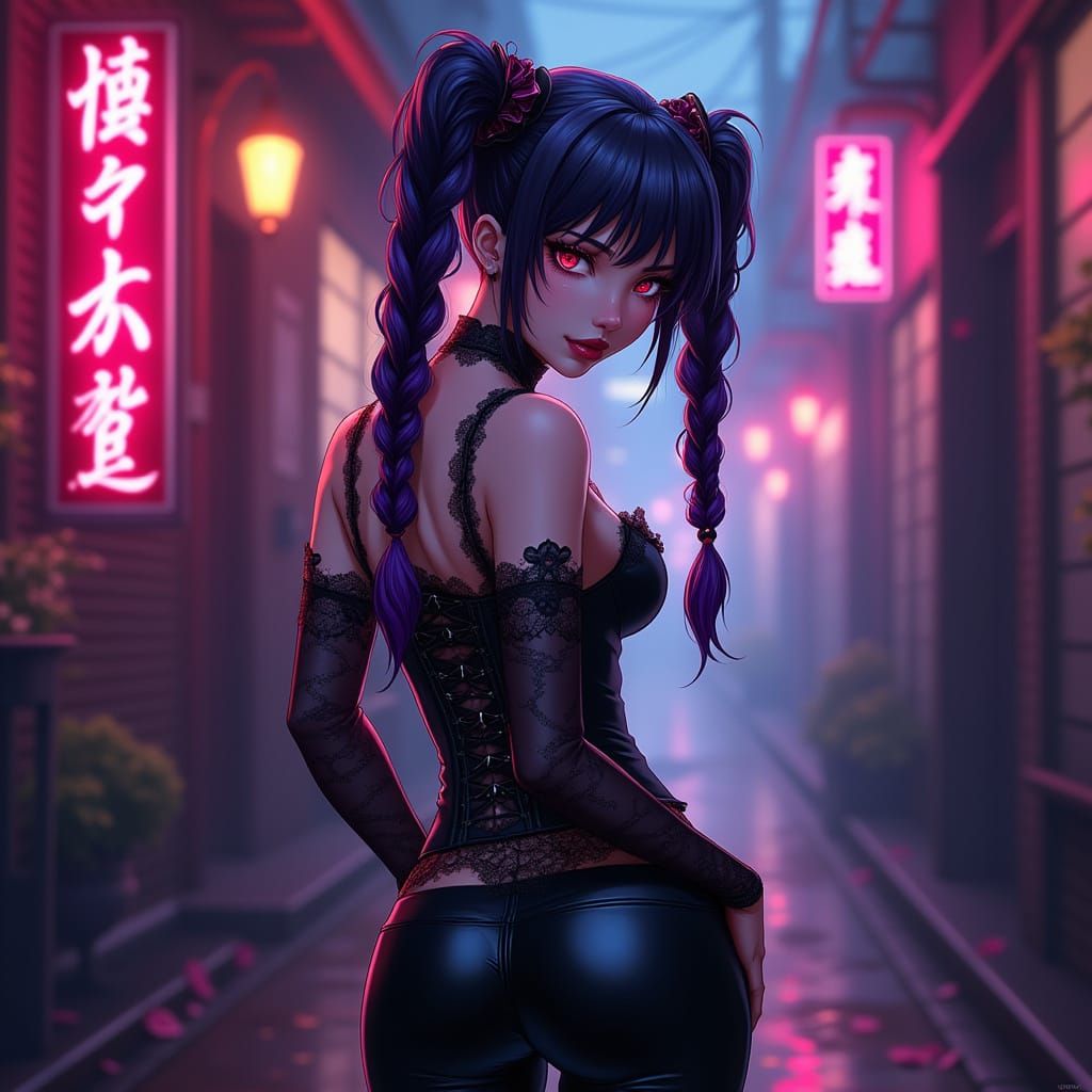 Gothic Jinx in Seductive Neon-Lit Pose
