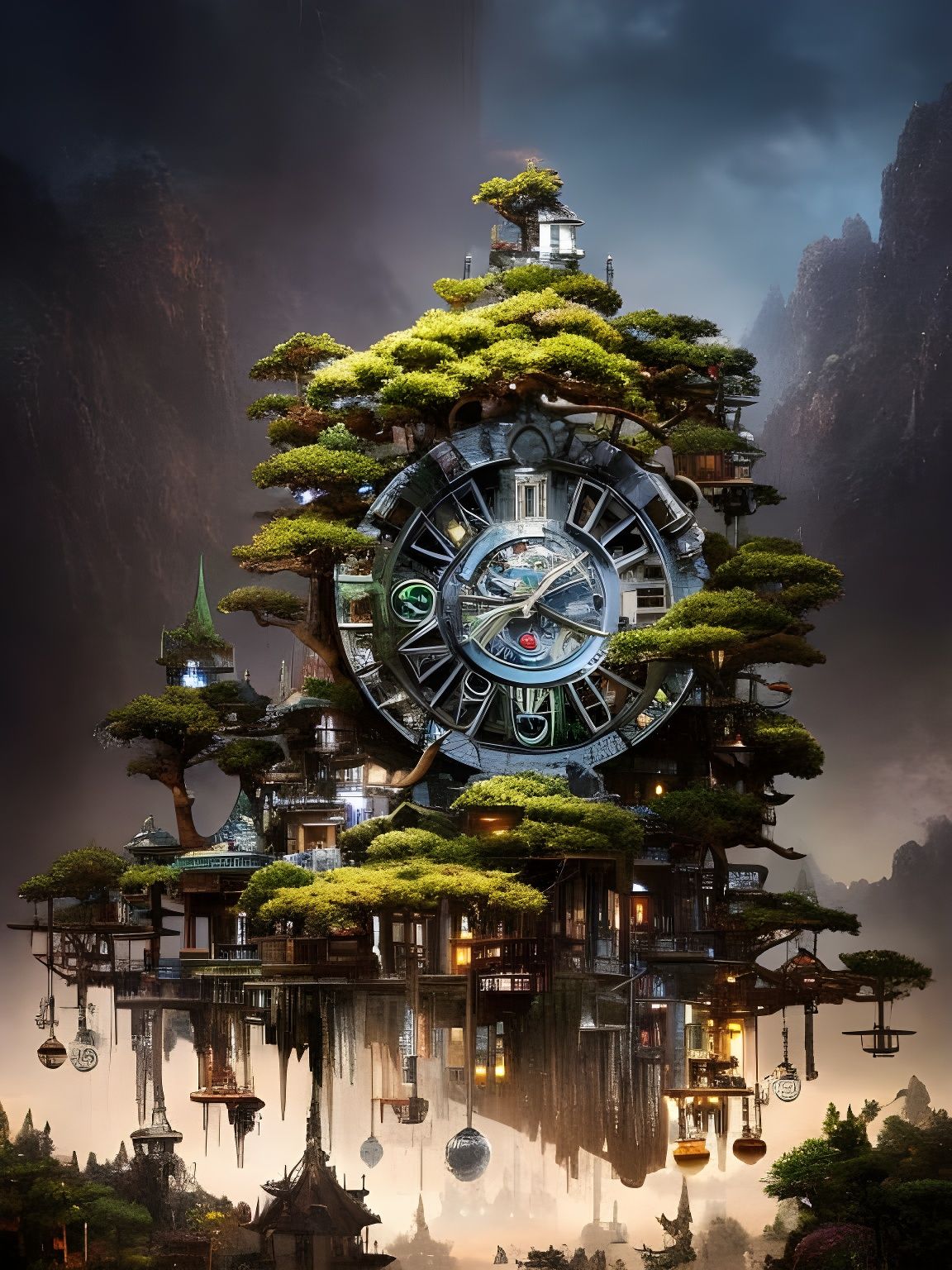 Clockpunk Bonsai Village, Digital Matte Painting