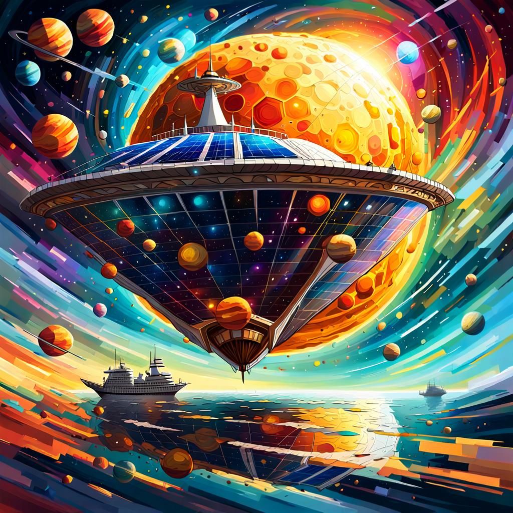 Space Cruise Ship at Sunset: Oil Painting Style