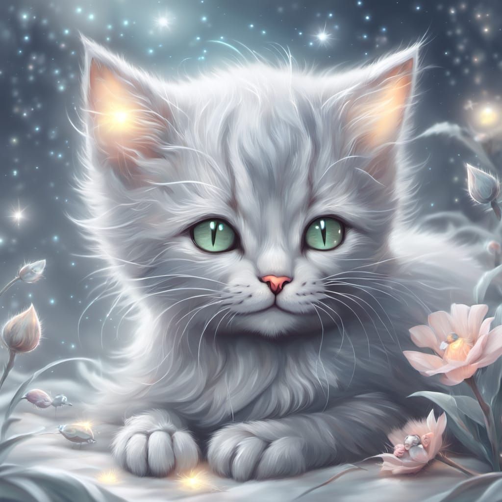 Fluffy Kitten and Mouse Sleeping in Fairytale Glow