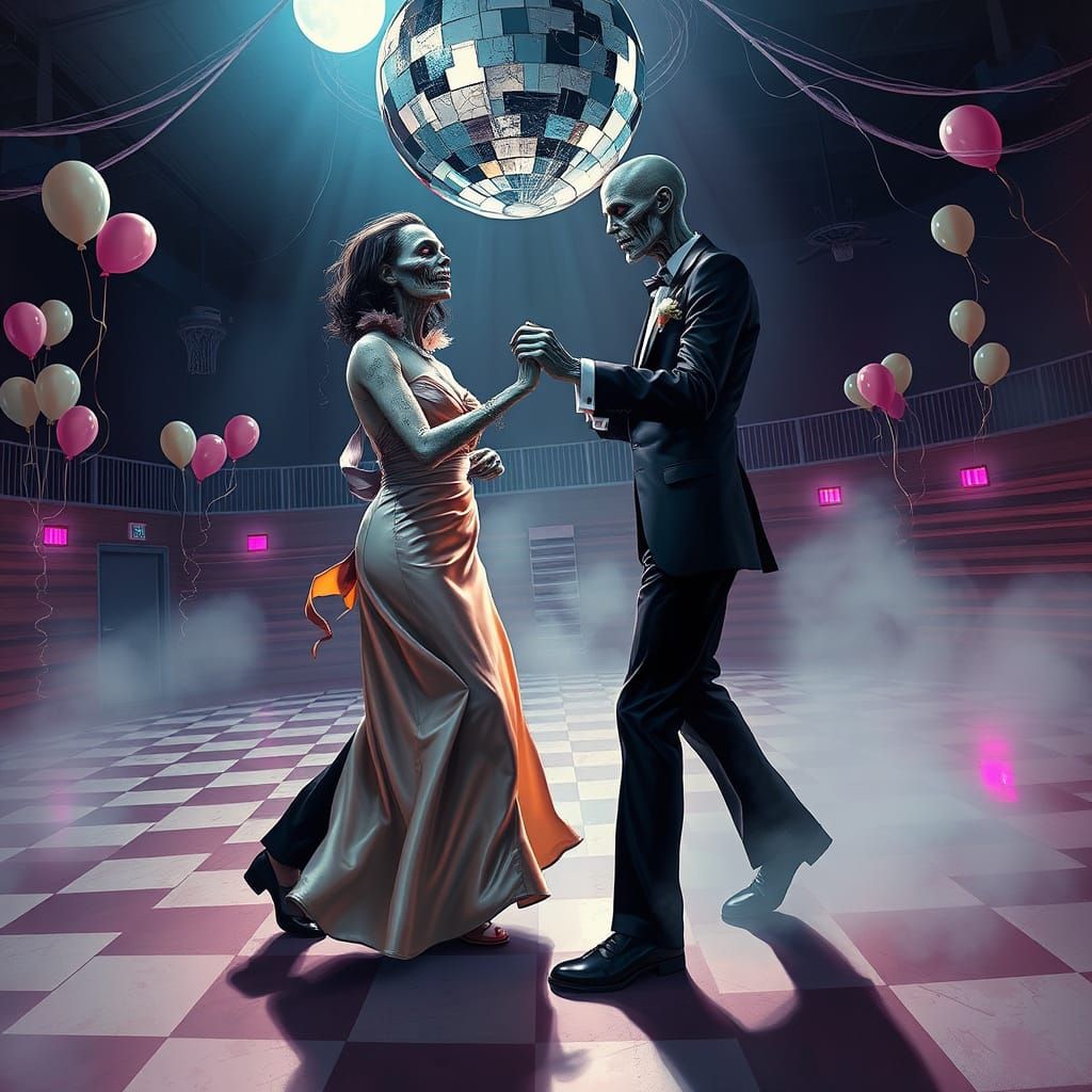 Undead Prom Couple Dancing in Retro-Surreal Gymnasium